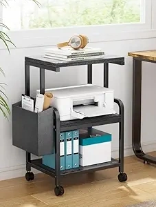 HUANUO Printer Stand Shelf with Electrical Outlet, 32.55x20x16 Inches Large Printer Stand with Non-Woven Bag, 3 Tier Rolling Printer Cart with Wheels for Home Office