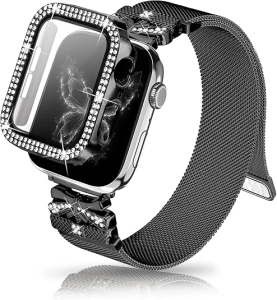 Magnetic Band for Women Compatible with Apple Watch Band 38mm 40mm 41mm 42mm 44mm 45mm Milanese Stainless Steel Loop with Bling Protective Case, Dressy Metal Strap Replacement iWatch Band