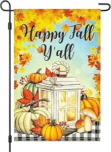 Happy Fall Y'all Lantern Fall Leaves Pumpkin Decorative Burlap Garden Flag,12x18 Inch Double Sided,Small Vertical Welcome Maple leaves Garden Flags For Thanks Giving, Outdoor Home Patio