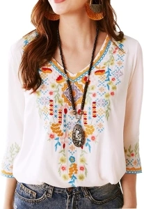 Higustar Mexican Embroidered Tops Women Peasant Style Shirts Bohemian Plus Size Blouse White