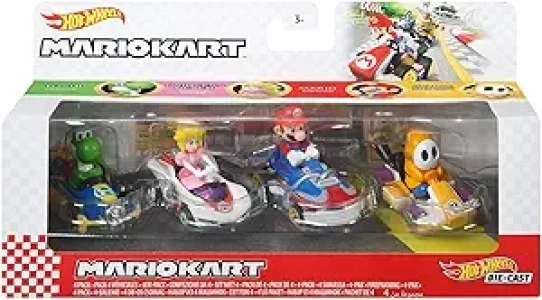 Hot Wheels Mario Kart Toy Vehicle 4-Pack, Collectible Set of 4 Fan-Favorite Characters Includes First-Appearance Orange Shy Guy