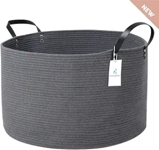 Luxury Little Extra Large Nursery Storage Basket, 22 x 22 x 14 inches - 100% Cotton Rope Basket with Handles, Laundry Basket for Toys, Blankets & Pillows - Dark Grey with Leather Handles