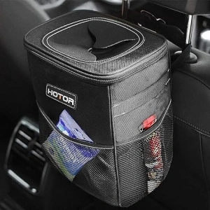 HOTOR Car Trash Can with Lid and Storage Pockets - 100% Leak-Proof Organizer, Waterproof Garbage Can, Multipurpose Trash Bin for Car, 2 Gallons, Black