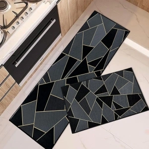 Black Grey Kitchen Rugs and Mats Non Skid Washable Set of 2, Modern Geometric Triangle Kitchen Mats for Floor, Gold Luxury Kitchen Runner Rug Abstract Marble Kitchen Decor