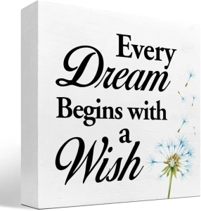 z-crange Every Dream Begins with a Wish Wood Block Sign Desk Decor,Rustic Inspirational Wooden Box Plaque Sign Desk Decor for Home College Office Shelf Table Decor Decorations