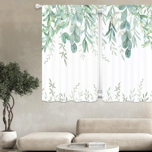 Green Eucalyptus Leaves Curtains 63 Inch Length 2 Panels Set Plant Botanical Leaf Small Short Curtains for Bedroom Rod Pocket Printed Curtains Living Room Patterned Window Treatment Drapes