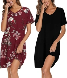 2 Pack Nightgowns for Women Cotton Sleep Shirts Short Sleeve Nightshirts