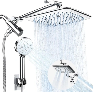 Veken High Pressure Rain Shower Head Combo with Extension Arm- Easy to Install Wide Rainfall Showerhead with 3 Water Spray Modes – Adjustable Dual Showerhead with Anti-Clog Nozzles