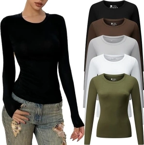 Women's Casual Basic Crop Tops Y2K Slim Fit Long Sleeve Crew Neck Tight Fall T Shirts 5packs 2024