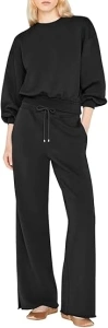 Aleumdr Women 2 Piece Outfits Sweatsuit Oversized Crewneck Sweatshirt High Waist Drawstring Wide Leg Pants Pockets Lounge Set