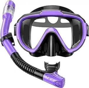 Snorkel Set Adults Snorkeling Gear Anti-Fog Panoramic View Swim Mask Dry Top Snorkel Kit with Carry Bag for Snorkeling Scuba Diving Swimming Travel