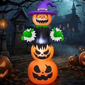 Danxilu 6 FT Halloween Inflatables Pumpkin with Ghost Outdoor Decorations, Scary Inflatable Pumpkins with Witch Hat Build-in LEDs Blow Ups Yard Decorations for Halloween Outside Lawn Garden Party