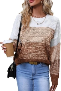 Women's Striped Color Block Sweater Long Sleeve Crewneck Casual Loose Fit Soft Knit Sweater Pullover Tops