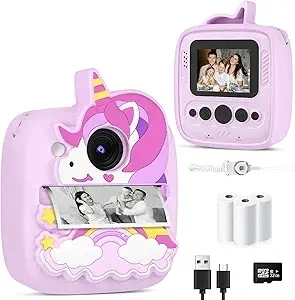 Kids Camera Instant Print, Christmas Birthday Gifts for Kids Age 3-8, 48MP &1080P Kids Digital Camera with Silicone Cover, Portable Toy Instant Camera for Kids 3 4 5 6 7 8 9 10 Year Old Girls