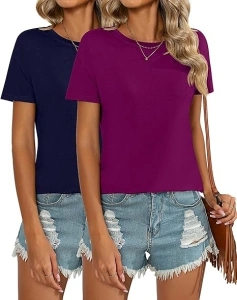 Huukeay 2 Pack Women's Crew Neck T Shirts, Short Sleeve Casual Shirts Summer Loose Fit Tunic Tops Basic Tee Blouse