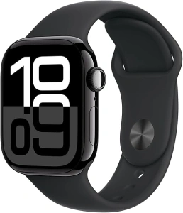 Apple Watch Series 10 [GPS 42mm case] Smartwatch with Jet Black Aluminium Case with Black Sport Band - S/M. Fitness Tracker, ECG App, Always-On Retina Display, Water Resistant