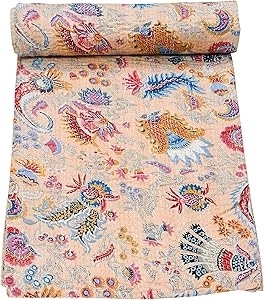 Marubhumi Indian Hand Stitched Pure Cotton Mukut Print Kantha Quilt Kantha Blanket (Skin Cream, Queen (90