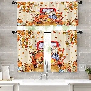 Fall Red Truck Pimpkin Kitchen Window Curtains Valance and Tier Set 36 Inch, Autumn Vintage Orange Maple Leaf 3 Piece Window Treatment Tiers for Living Room Bedroom Kitchen Decor Drapes