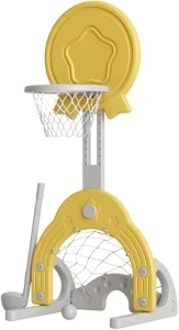 Kids Basketball Hoop, Toddler Sports Activity Center, Basketball Soccer Golf Game Set, Indoor Outdoor Basketball Hoop Set Adjustable Height Levels, Gift for Baby Toy for Baby & Toddlers (Yellow)