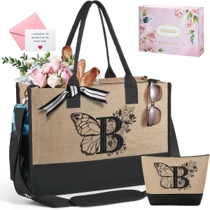 Birthday Gifts for Women, Ini-tial Straw Tote Bags w Makeup Bag, Butterfly Embroidery Beach Bags, Personalized Mothers Day Bridal Shower Bridesmaid Gifts w Inner Pocket Shoulder Strap Card Gift Box B