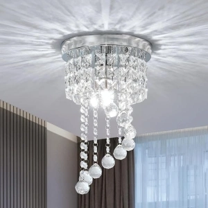 Goeco Small Crystal Chandelier, Modern S-Shaped Raindrop Flush Mount Light Fixture, E12 Chrome Beaded Decoration Flush Mount Chandelier for Bedroom, Hallway, Living Room, Kitchen, Dining Room