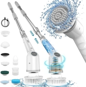 Electric Spin Scrubber - IMAXTOP Cordless Cleaning Brush with 8 Replaceable Heads, Shower Cleaner with Long Handle, Bathroom, Grout, Tub, Floor, Kitchen Cleaner