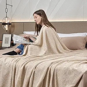 KAWAHOME Sweatshirt Summer Blanket Queen Size for Bed-Lightweight Breathable Blankets,Soft Thin Knit Jersey Blanket for Hot Sleepers 90 X 90 Inches, Camel and White