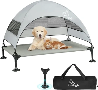 Upgraded Elevated Dog Bed with Canopy, Portable Raised Outdoor Dog Bed with Stable Anti-Slip Feet, Wider Shade Pet Bed Cot, Raised Dog Beds for Large Dogs Camping, Indoor & Outdoor Use