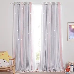 NICETOWN Baby Room Decor, Short Window Curtains for Girls Bedroom, Mix & Match Elegance White Sheer x Cosmic Star Themed Curtains for Daughter's Room (Pink & Grey, W52 x L63/Per Panel, Set of 2)