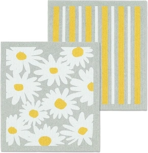 Abbott Collection 84-ASD-AB-51 Daisies & Stripes Dish Cloths. Set of 2, 6.5x8 inches L, Grey/White