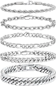 5pcs Chain Bracelets for Men Women - Stainless Steel Curb Width Rope Figaro Cuban Link Chain Bracelets Set Silver Bracelet for Men 7.5/8/8.3 Inches