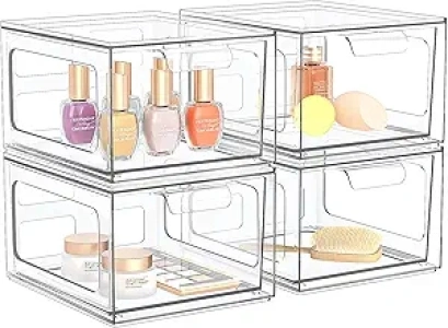 4 Pack Stackable Plastic Makeup Organizer Drawers, Acrylic Organizers, Clear Storage Bins with Pull-Out Handles for Vanity, Kitchen Cabinets, Pantry