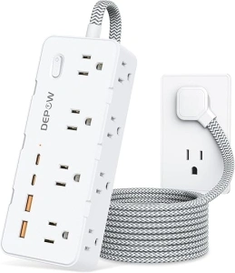 Power Strip Surge Protector, 5FT Braided Extension Cord with Multiple Outlets-8 AC Outlets 4 USB Ports (2 USB C), Flag Plug Charging Station, 1700 Joule Surge Protection for Home Office, White