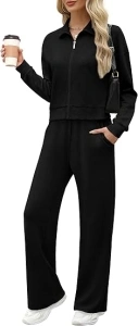 WIHOLL Lounge Sets for Women 2024 Zip Up Sweatshirt Wide Leg Sweatpants Casual 2 Piece Outfits Fashion Sweatsuits Tracksuit