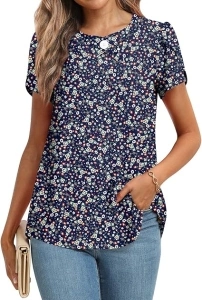 Anymiss Women's Summer Dressy Casual Chiffon Blouse Spring Short Sleeve Button Up Shirts Work Tunic Tops
