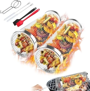 Rolling Grilling Basket, Round Stainless Steel Grill Basket BBQ Grill Mesh BBQ Net Tube 2 Pack, Portable Grill Baskets for Outdoor Grilling for Fish, Shrimp, Meat, Vegetables, Fries