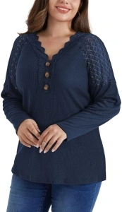 Hanna Nikole Women's Plus Size Long Sleeve Shirts Tops V-Neck Button Casual Tunic Ribbed Knit Blouses