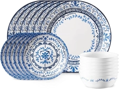 Corelle Vitrelle 18-Piece Service for 6 Dinnerware Set, Triple Layer Glass and Chip Resistant, Lightweight Round Plates and Bowls Set, Portofino