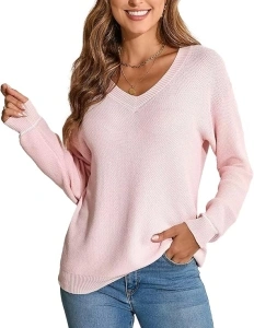 Women's Lightweight Sweater Knit Pullover Sweaters 2024 Fashion Casual V Neck Long Sleeve Drop Shoulder Knitted Tops.