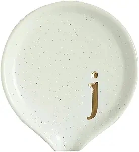 COLLECTIVE HOME - Ceramic Coffee Spoon Rest, Monogram Ceramic Spoon Holder, 3.8 Inches Coffee Spoon Holder, Mini Teaspoon Rest, Small Spoon Holder for Stove Coffee Bar (j)