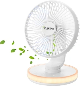 Portable Desk Fan with Circular LED Lights, 4 Speeds, 90° Rotation Adjustable Oscillating Fan, 4000mAh Rechargeable Fan, Battery Powered Quiet Personal Fan for Home Office, Detachable Cleaning (White)