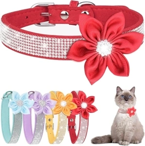 HOWWFALY Christmas Dog Collars Cat Collars Rhinestone Shiny Collars Adjustable Size with Cute Sunflowers for Kittens and Puppies (S, Red)