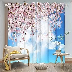 Romantic Spring Scenery Blackout Curtains Clear Sky Clouds Pink Cherry Blossoms Window Curtains Relax Window Drapes for Girls Room Bedroom Living Room Kitchen Treatment,53x84 inch,2 Panels