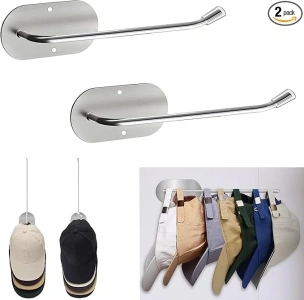 2 Pack Stainless Steel Baseball Cap Storage Hooks,Wall Mounted Baseball Cap Hooks,Thermos Lid Hooks,Sturdy Self-Adhesive or Drilled Cap Hooks and Thermos Lid Hooks for Door, Bedroom,Closet,Kitchen