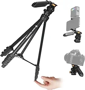 TARION Travel Tripod for Camera & Phone - Lightweight Camera Tripod Stand with Detachable Pan-Tilt Head & Hidden Phone Holder - 55