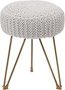 Round Boho Pouf Stool Ottoman, Hand Knitted Pouffe, Cotton Braided Cord Seat with Gold Metal Legs, Home Decor Foot Rest for Living Room, Bedroom (Beige)