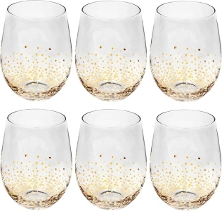 American Atelier Luster Stemless Goblet | Set of 6 | Made of Glass | Gold and Silver Confetti Design | 18-Ounce Capacity | Smooth Rim Red Wine Glasses | White Wine Tumblers