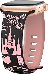 Cartoon Engraved Band Compatible with Apple Watch Bands 40mm 41mm 38mm Women, Cute Soft Two-Tone Silicone Sport Design Strap for iWatch Series 9 8 7 6 5 4 3 SE 1 2 Black/Pink