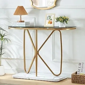 HOMISSUE Console Table, Modern Console Table with Tempered Glass Top and Metal Frame, Glass Entryway Table with Marbled MDF Base, Console Table for Entryway, Hallway, Living Room (Gold&Grey Glass)