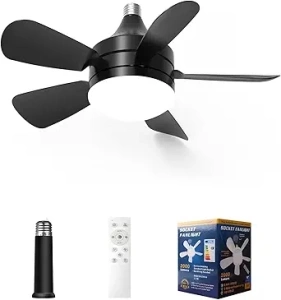 Socket Fan Light - Ceiling Fans with Lights and Remote Control, 3 Colors 3000K-6500K, 2000 Lumens,Powerful Airflow Quiet Fan Light Bulb Screw in Ceiling Fan for Bedroom, Living Room, Kitchen (BLACK)